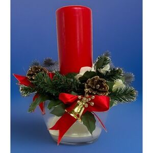 Vintage Hermitage Pottery Christmas Candle Set Red Pillar Pine Ring 1993 PT2024